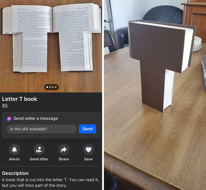 T-shaped book for sale on Facebook Marketplace, priced at $5.
