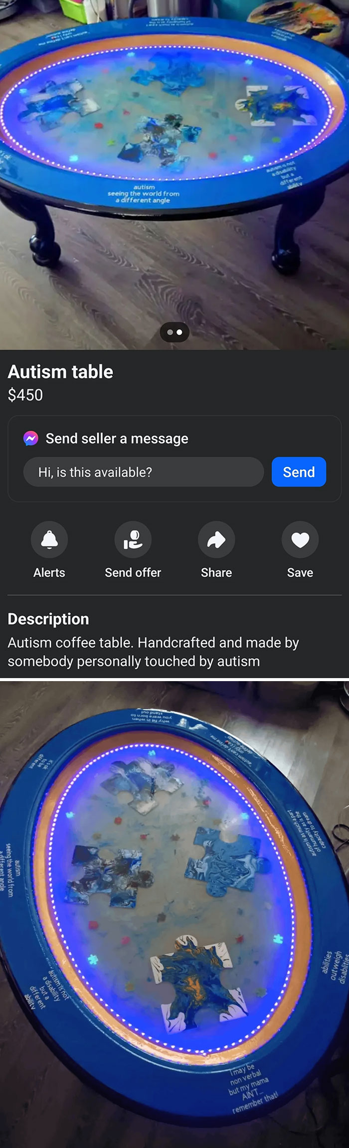 Autism-themed coffee table for sale on Facebook Marketplace, featuring puzzle piece design and LED lights.