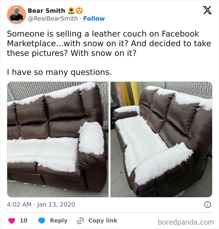 Leather couch covered in snow advertised on Facebook Marketplace.