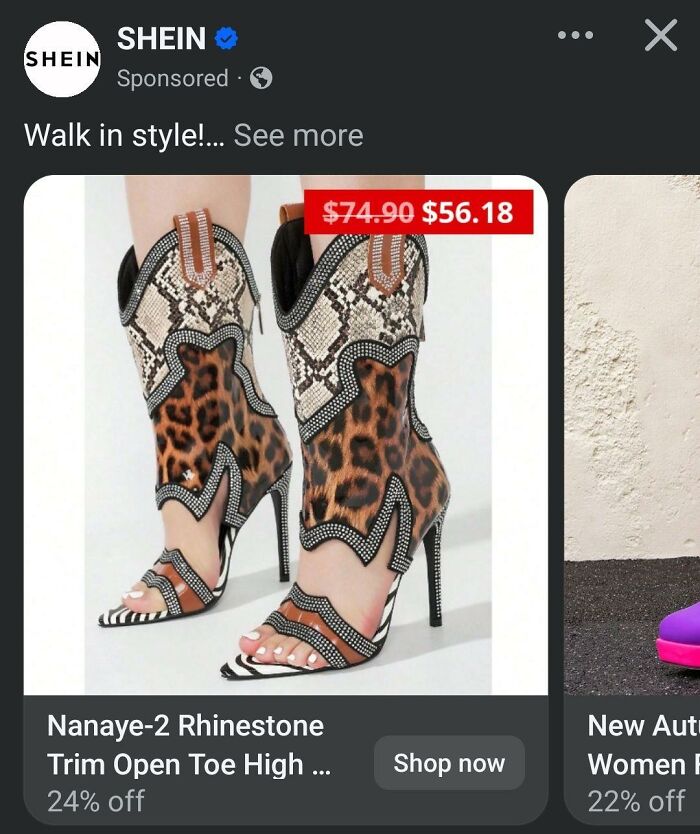 Rhinestone trim open-toe high heels with a leopard and snakeskin design, showcasing a bold fashion disaster.