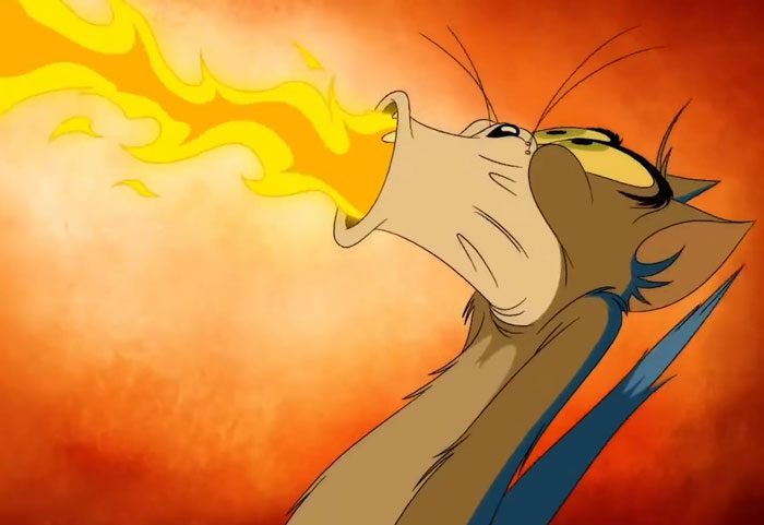 Cartoon cat breathing fire, symbolizing a spicy surprise for the ice cream thief.