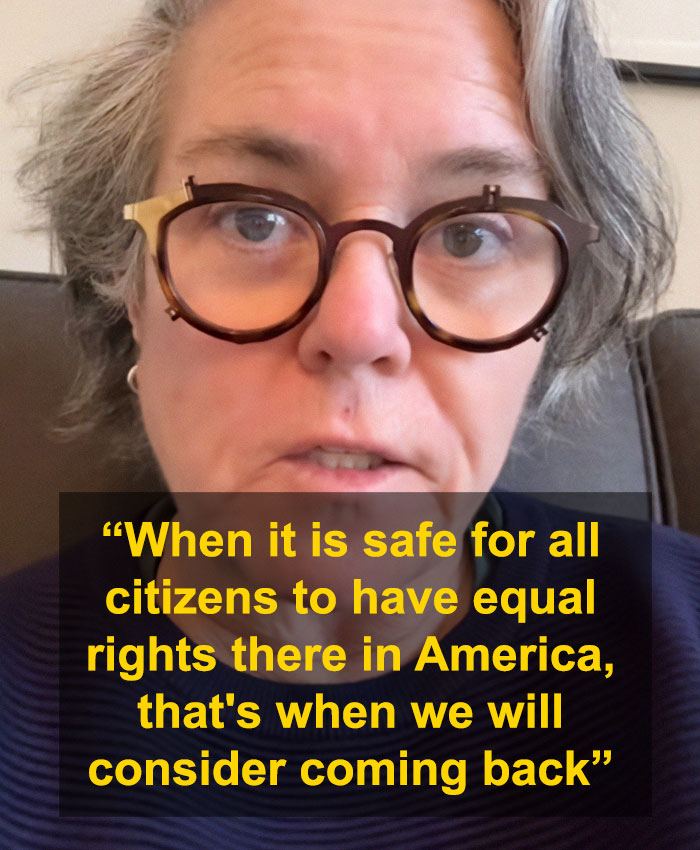 Person with glasses discussing move to Ireland and social issues, with a quote about safety and equal rights in America.