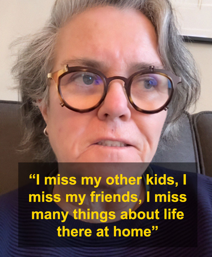 Individual wearing glasses with quote overlay about missing home, related to move to Ireland.