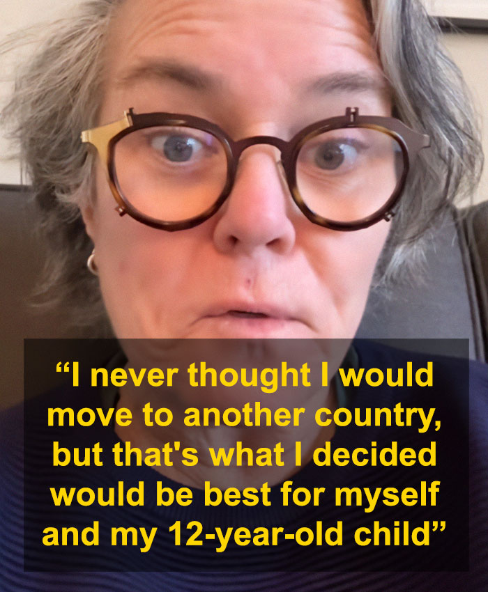 Woman in glasses sharing thoughts on moving to Ireland, quote visible on image.