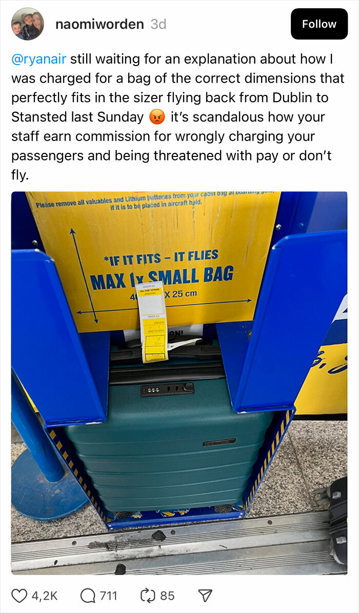 Woman’s Luggage Perfectly Fits The Required Size, Has To Pay Extra Or Not Fly Woman’s Luggage Perfectly Fits The Required Size, Has To Pay Extra Or Not Fly
