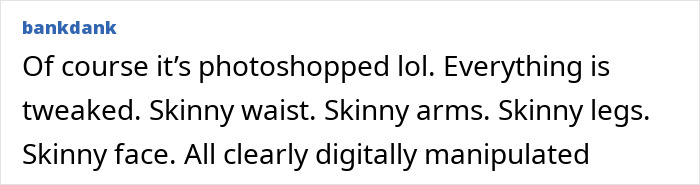 Comment about a photoshop fail, mentioning digitally manipulated features like skinny waist and arms.