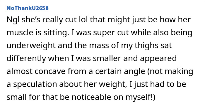 Text post discussing muscle appearance, referencing Photoshop and weight perception nuances.