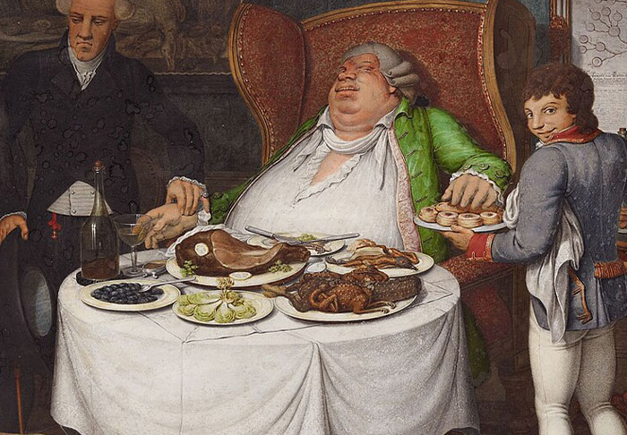 A lavish feast with three people, highlighting disturbing historical indulgence.