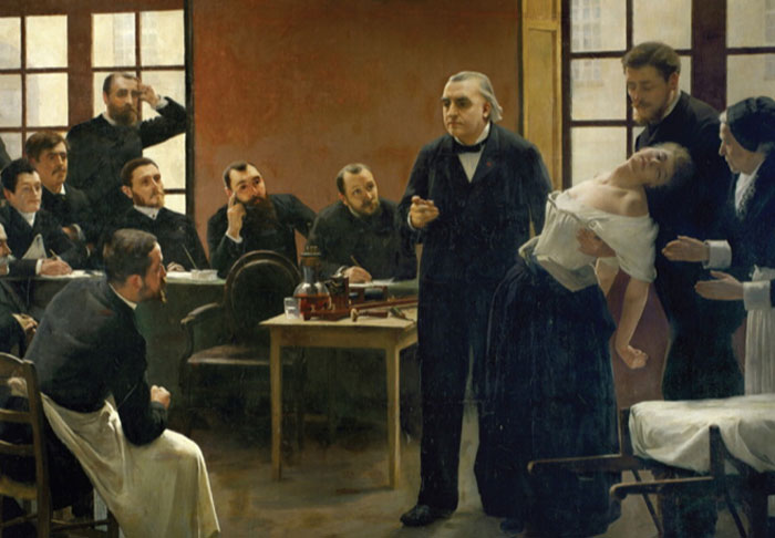 A historical scene depicting a woman fainting in a medical lecture, illustrating disturbing historical facts.