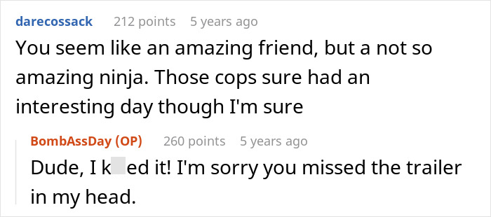 Reddit comments about a woman's insulin quest, mentioning cops and a failed ninja attempt.