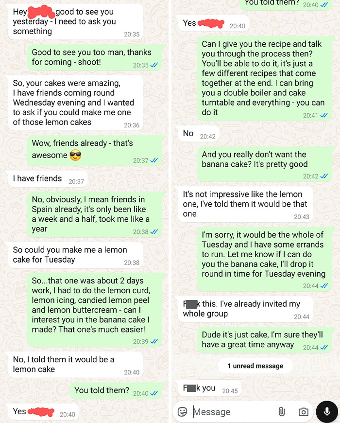 Text conversation about baking a lemon cake for in-laws, discussing recipe complexity and alternatives.
