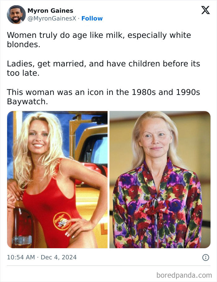 Tweet criticizing women's aging with two photos comparing a woman from the 1980s to now.