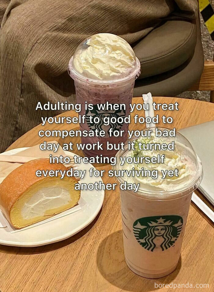 Two Starbucks drinks and a cake on a table with a humorous adulthood meme text overlay.