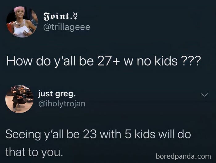 Twitter exchange meme about adulthood struggles and parenting choices.