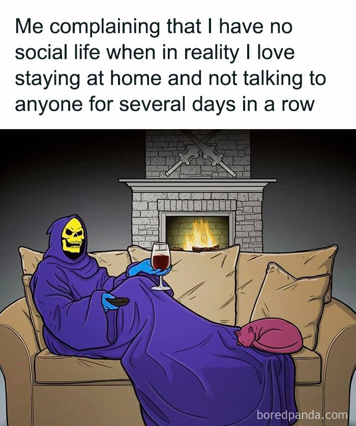 Skeleton relaxing on a couch with a glass of wine, humorously depicting adulthood struggles.