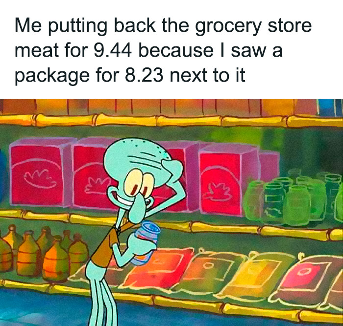 Cartoon character putting back expensive meat, humorously depicting adulting struggles while grocery shopping.