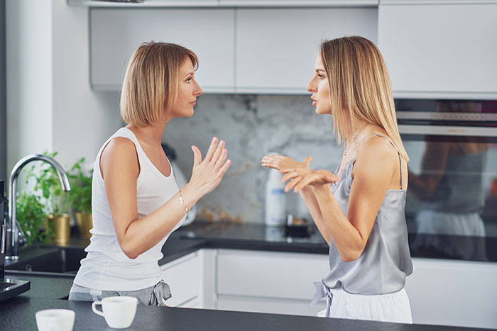 Two women arguing in a modern kitchen, highlighting sister dynamics and boundaries issues.
