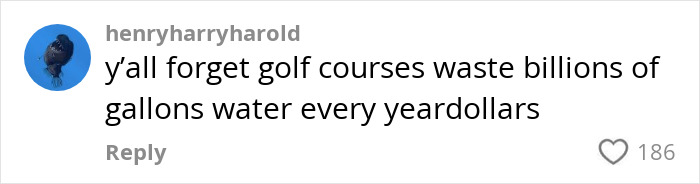 Comment on environmental impact of AI, mentioning golf courses' water waste, with 186 likes.