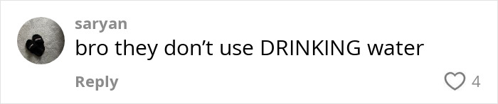 Comment on AI's environmental impact, stating, "bro they don't use DRINKING water," with a like count of 4.