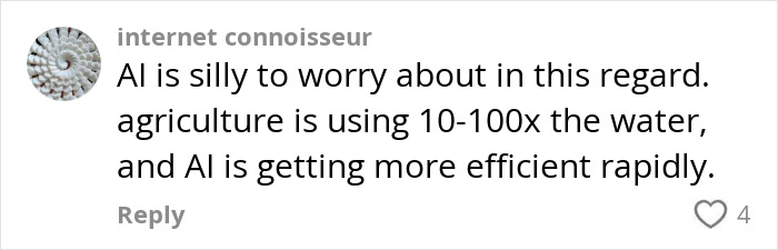 Comment discussing AI's environmental impact, noting agriculture's higher water usage and AI's increasing efficiency.
