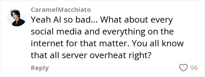 Woman discusses AI's negative environmental impact in a comment, questioning social media and internet server usage.