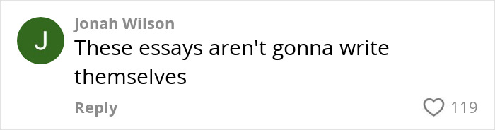 Online comment by Jonah Wilson humorously addressing AI and essay writing, highlighting environmental concerns.