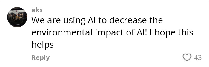 Comment discussing AI's environmental impact with 43 likes.