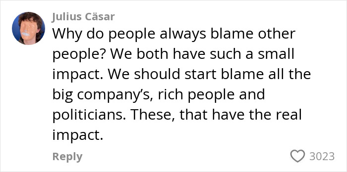 Comment discussing AI impact on environment, highlighting blame on companies and politicians with over 3,000 likes.