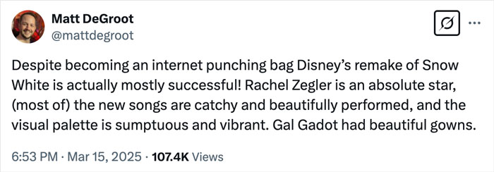 Matt DeGroot praises Disney's new Snow White, highlighting success and standout performances.