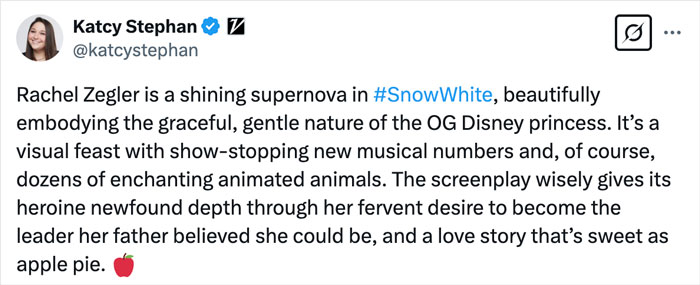 Katcy Stephan praises Rachel Zegler's performance in live-action Snow White, highlighting new musical numbers and depth.