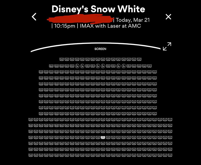 Empty theater seating chart for 'Snow White' in IMAX, highlighting low attendance during primetime.