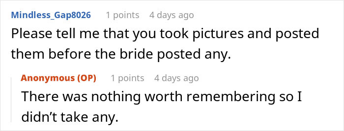 Online conversation about a 4-day wedding, discussing taking and posting pictures before the bride shared any. Online conversation about a 4-day wedding, discussing taking and posting pictures before the bride shared any.