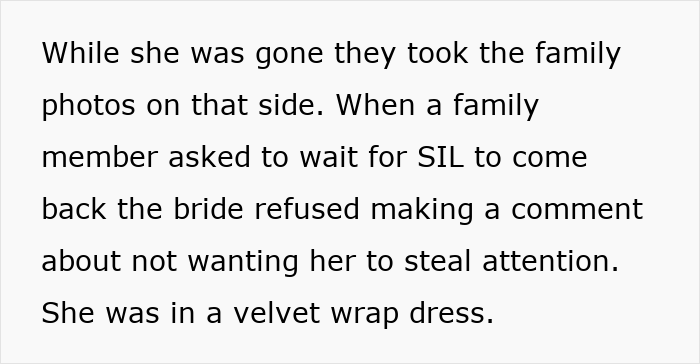 Text recounting a 4-day wedding where a bride, in a velvet wrap dress, refused to delay photos for a family member. Text recounting a 4-day wedding where a bride, in a velvet wrap dress, refused to delay photos for a family member.