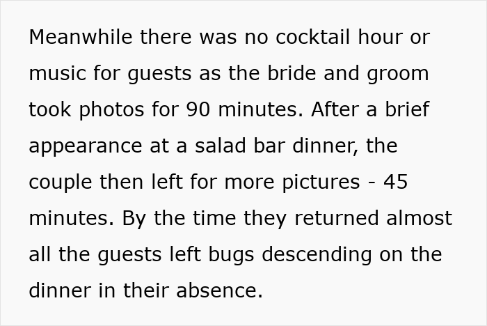 Text from article describing a couple spending most of their wedding posing for photos. Text from article describing a couple spending most of their wedding posing for photos.