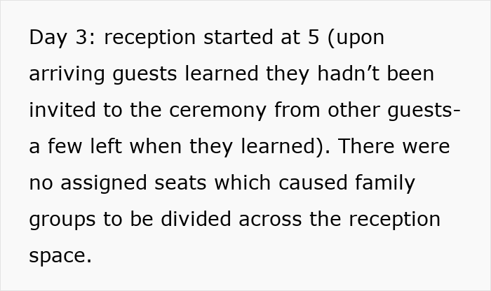 Text about a couple's wedding reception issues, mentioning uninvited guests and divided family groups. Text about a couple's wedding reception issues, mentioning uninvited guests and divided family groups.