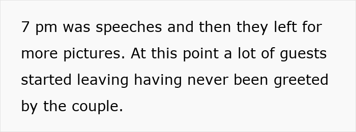 Text recounts a couple's lengthy wedding focused on photo sessions, leading to un-greeted guests departing early. Text recounts a couple's lengthy wedding focused on photo sessions, leading to un-greeted guests departing early.