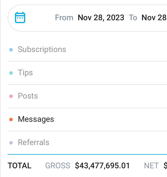 Financial breakdown showcasing online influence success, featuring subscriptions, tips, posts, messages, and referrals.