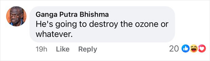 Facebook comment reacting to a mysterious spiral in the UK sky, joking about destroying the ozone.