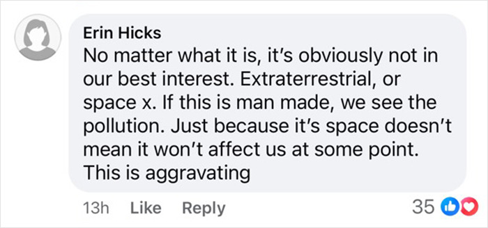 Comment discussing mysterious spiral in UK skies, speculating on extraterrestrial and pollution concerns, with 35 likes.