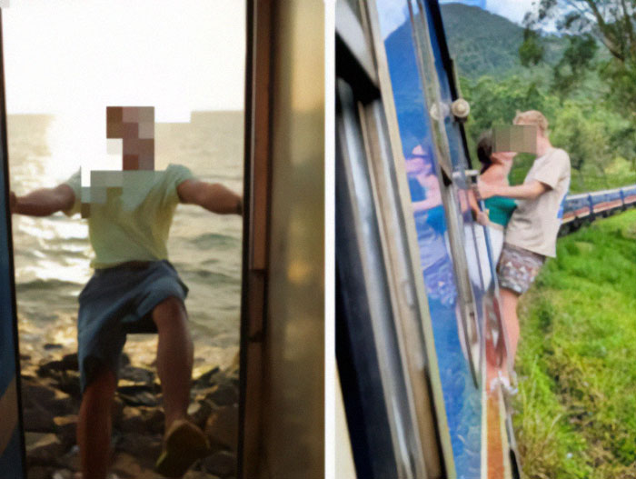 Tourist leans out of train for photos, emphasizing physical dose of common sense; background shows scenic views. Tourist leans out of train for photos, emphasizing physical dose of common sense; background shows scenic views.