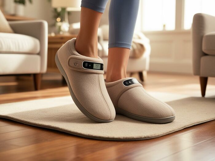 Someone wearing futuristic slippers with digital displays, a unique Amazon find.