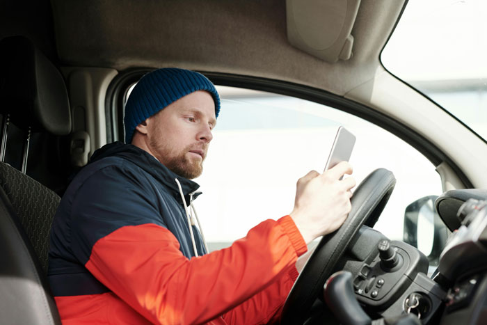 Man in a beanie and jacket sitting in a car, looking at his phone, appearing focused.