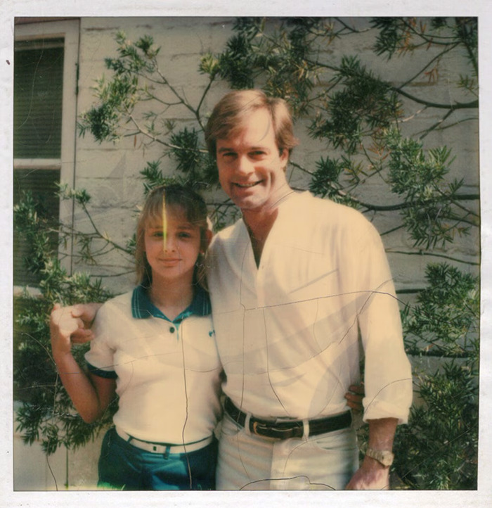 Unable to identify individuals; image shows a man and young girl outdoors, posing and smiling, related to actor scandal documentary.