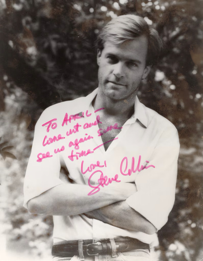 Disgraced actor posing outdoors, wearing a light shirt and jeans, with handwritten text overlay.