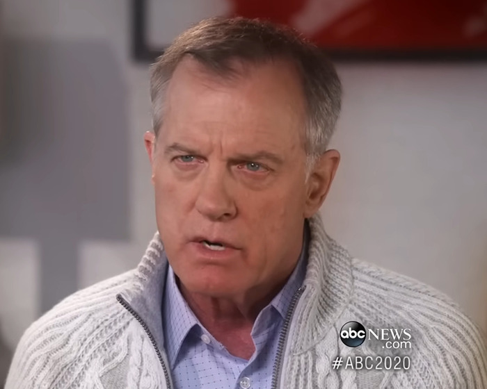 Disgraced actor in interview wearing a white sweater, featured on ABC News #ABC2020.