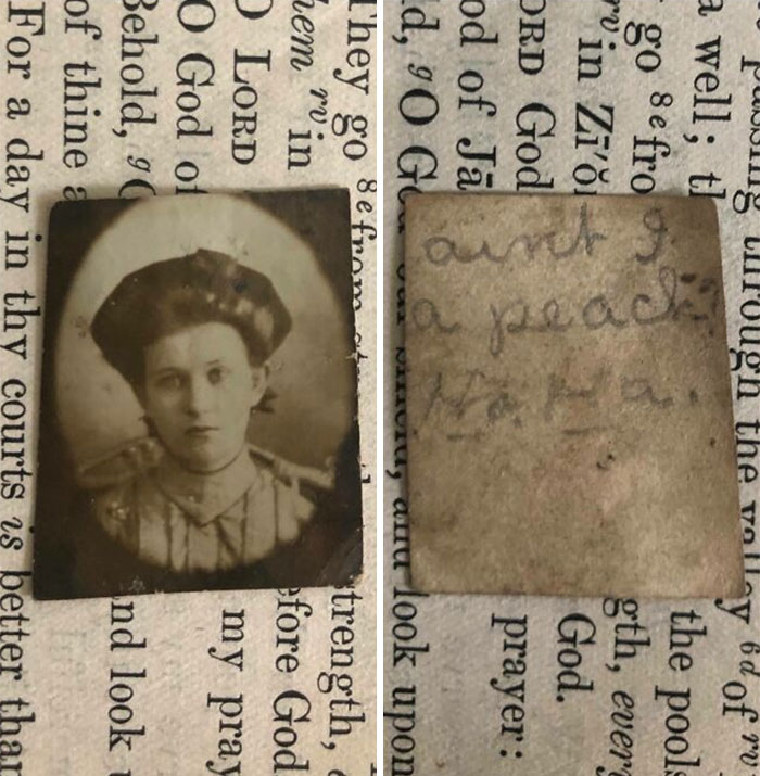 Vintage bookmarks made from an old photo and handwritten note, discovered by book lovers.