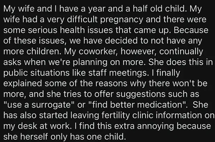 Text conversation about intrusive coworker's comments on sensitive family planning issues.