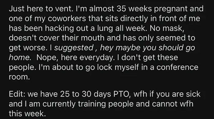 Text from a frustrated employee sharing their experience with the worst colleagues during pregnancy.