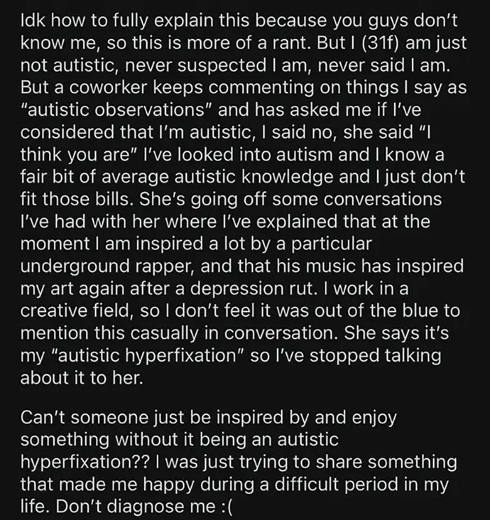 Text image of a person explaining a frustrating interaction with a colleague about potential autism.