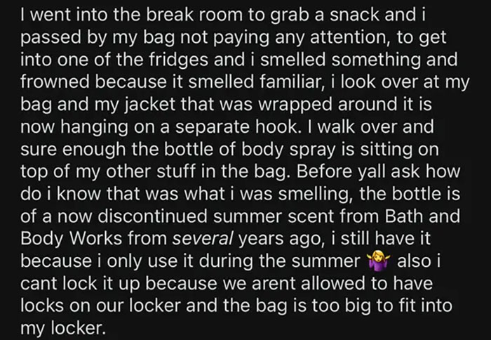 Text story about a workplace incident involving a misplaced jacket and a bottle of discontinued body spray.